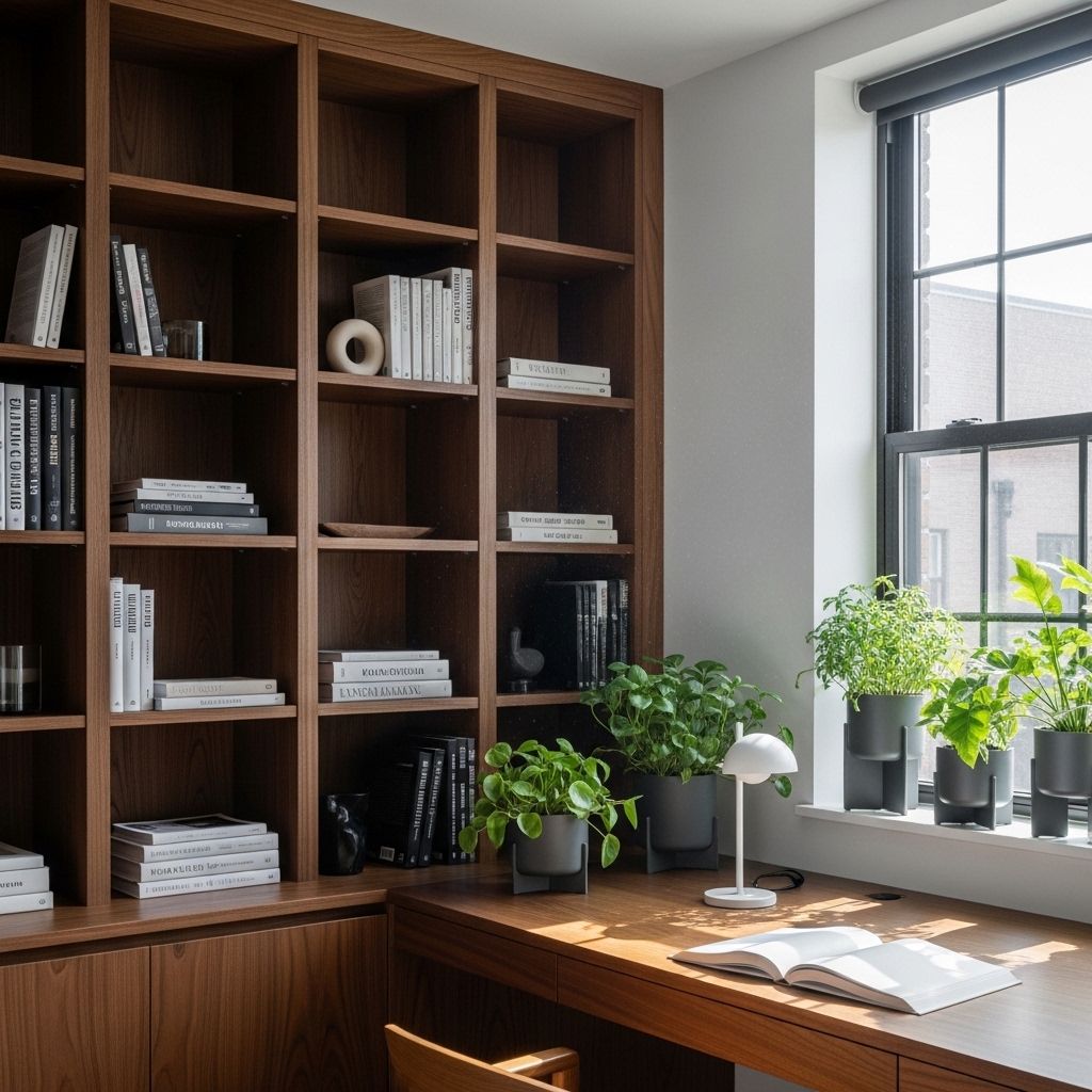 Espace de lecture moderne et épuré avec une grande bibliothèque en bois sombre, lumière naturelle douce traversant une fenêtre, plantes vertes et bureau en bois clair, atmosphère studieuse et sereine
