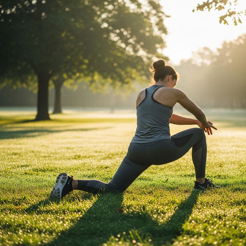 Personne en tenue de sport effectuant des étirements au sol dans un parc verdoyant tôt le matin, lumière rasante dorée sur l'herbe humide de rosée, calme et concentration visible