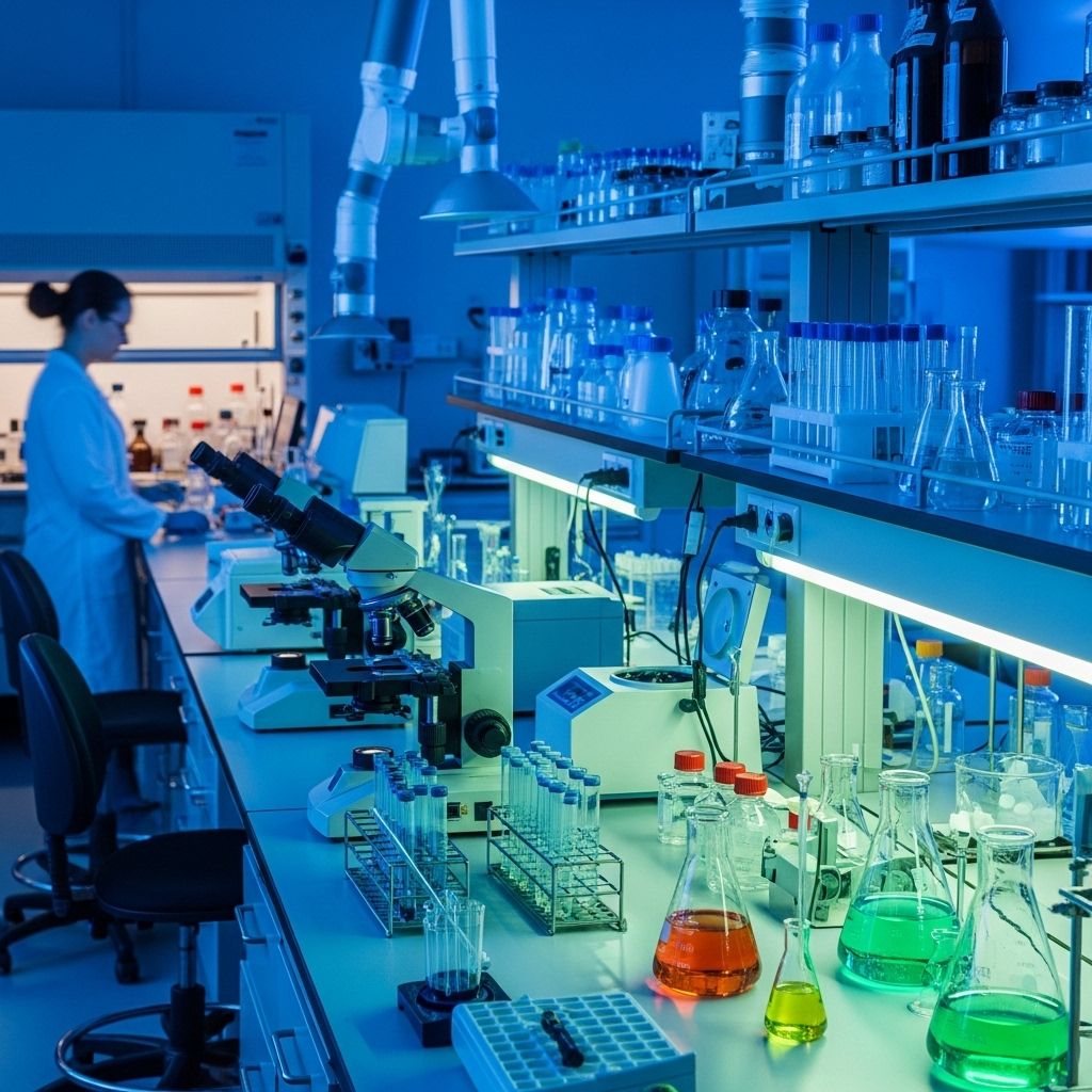 Laboratoire de recherche scientifique moderne avec éclairage bleu et vert, équipements d'analyse biochimique, ambiance technologique et studieuse sans personnes visibles