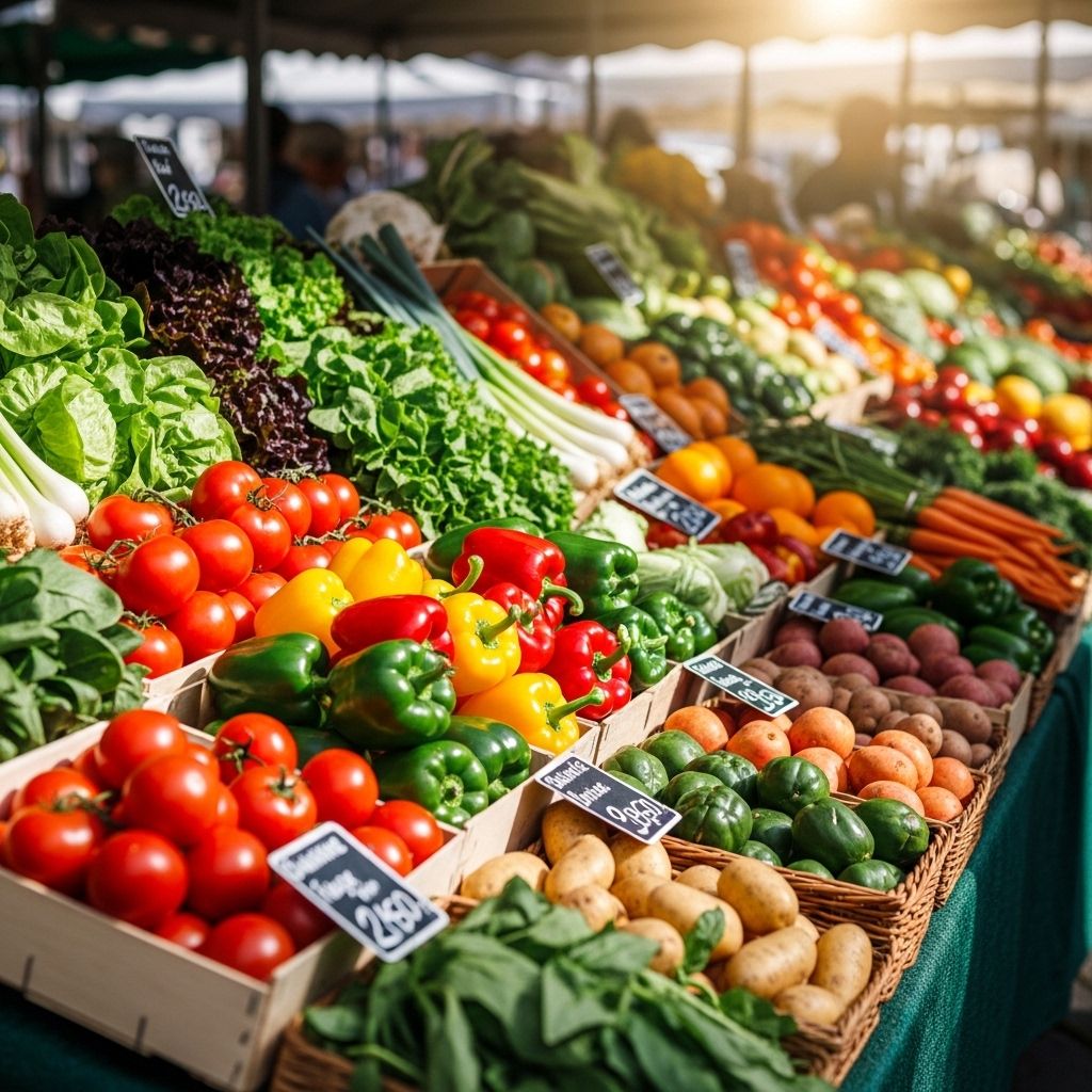 Marché de producteurs avec des étals colorés de fruits et légumes frais de saison, tomates, poivrons, salades vertes et racines, lumière naturelle vive de journée ensoleillée