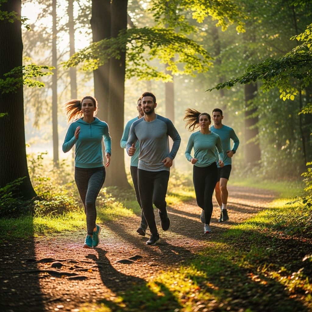 Groupe de personnes courant sur un sentier forestier au matin, vêtements de sport légers, lumière tamisée entre les arbres, mouvement naturel et détendu